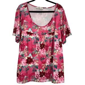 Sakurafina Pink Floral Short Sleeve Tee Shirt Womens 2X Boho Romantic Blouse